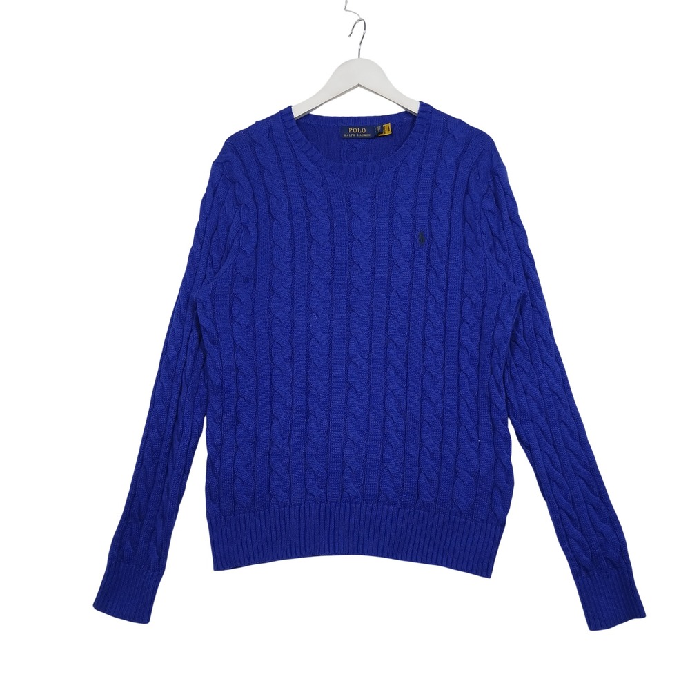 Polo Ralph Lauren Mens Royal Blue Cable Knit Cotton Crew Neck Sweater Small